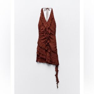 Zara chocolate ruched and Ruffled mini Dress, S